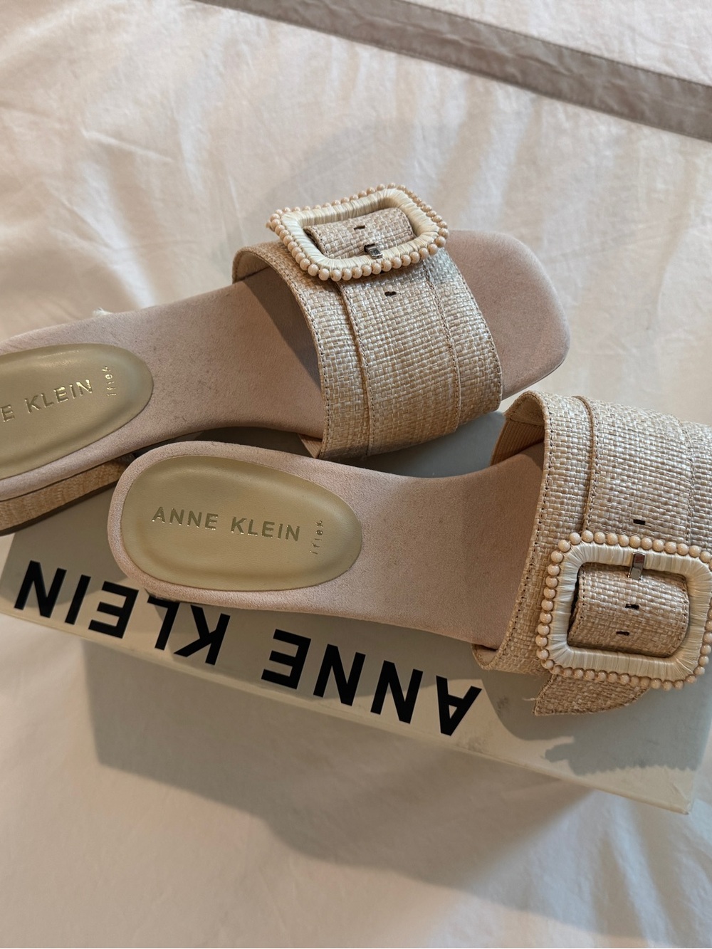 Anne Klein Neutral Raffia Slide Sandals - Picture 2 of 5